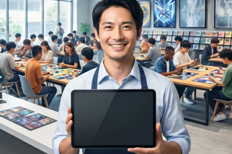 トレカショップ開業の成功ロードマップ。笑顔のオーナーがタブレットで買取査定を行う、賑わう店舗の様子。