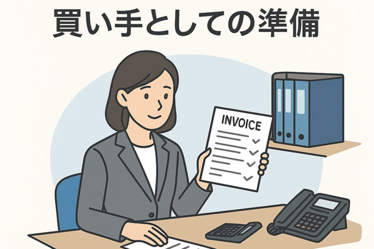 リユース業・古物商のためのインボイス制度対応ガイド 7 インボイス制度における買い手の準備を表すビジネスイラスト(日本人のビジネスパーソンが帳票や確認作業を行う様子)