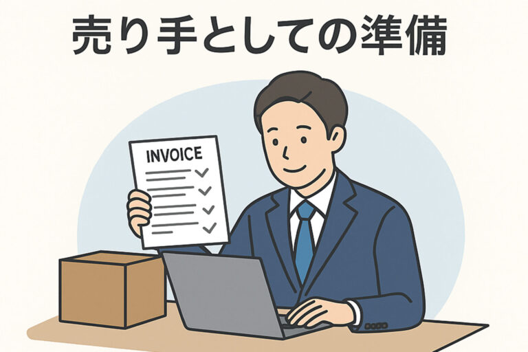 リユース業・古物商のためのインボイス制度対応ガイド 6 インボイス制度における売り手の準備を説明するビジネスシーンのイラスト(日本人の男女がパソコンや書類で対応する様子)