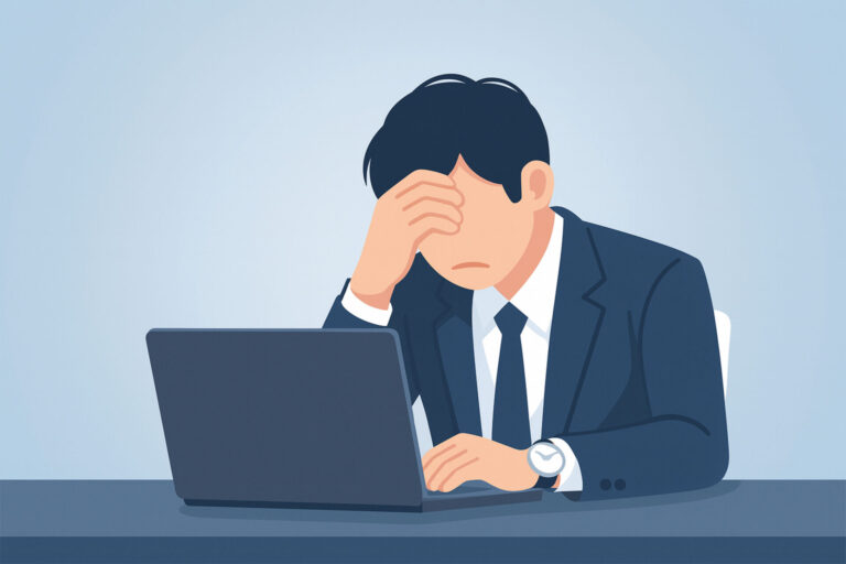 POS導入を検討するリユースショップが知るべき “3つのポイント” 6 POS選定に失敗し悩む日本人ビジネスマンのイラスト