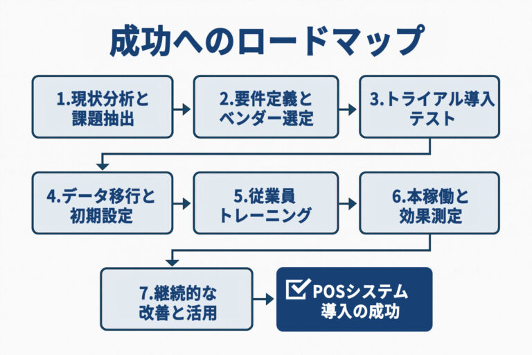 リユース市場の成長を加速させる!クラウドPOSシステム導入の全貌 7 POSシステム導入を成功させるための7ステップを示したロードマップ図。チェックアイコン付きで成功を強調。
