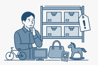リユース市場における在庫管理や取扱商品の多様性など、業界特有の課題に悩む担当者を描いたイラスト