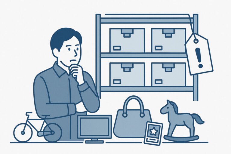 リユース市場の成長を加速させる!クラウドPOSシステム導入の全貌 2 リユース市場における在庫管理や取扱商品の多様性など、業界特有の課題に悩む担当者を描いたイラスト