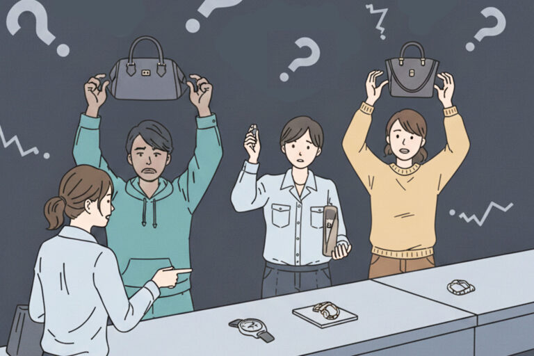 ブランドリユース店で査定額がばらつき、スタッフと顧客が混乱しているイラスト