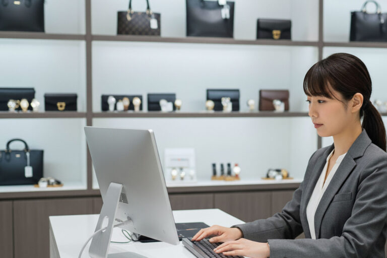 高級バッグや時計を背景にクラウドPOSを活用するブランドリユース店のスタッフ