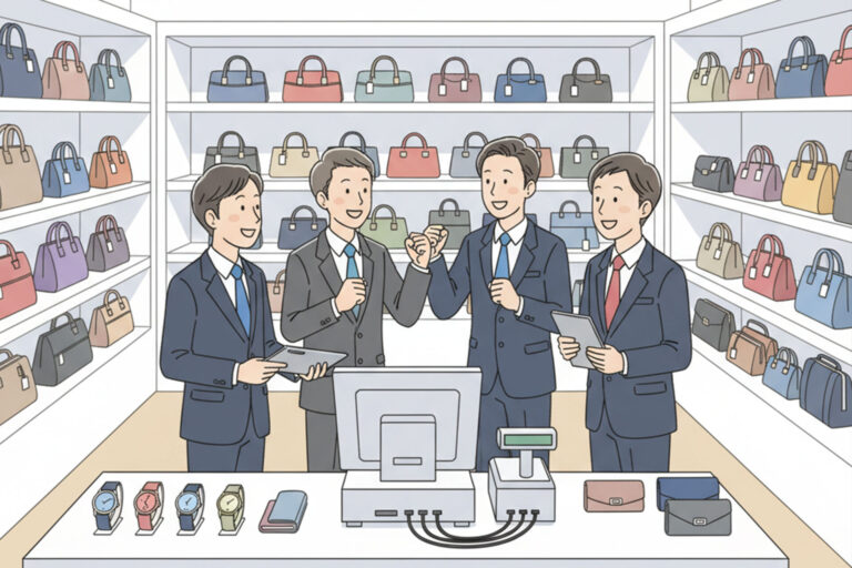 クラウドPOSを導入して業務効率化を喜ぶブランドリユース店のスタッフ