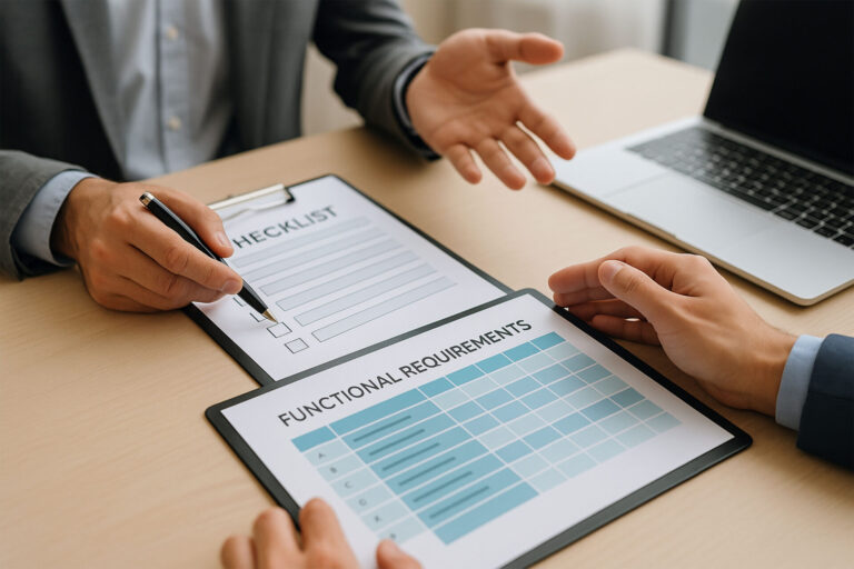 工具リユース店のPOS導入ガイド|在庫管理・単品管理・粗利分析を効率化 5 クラウドPOSの導入要件をチェックリストで確認するビジネスパーソンの打ち合わせ風景