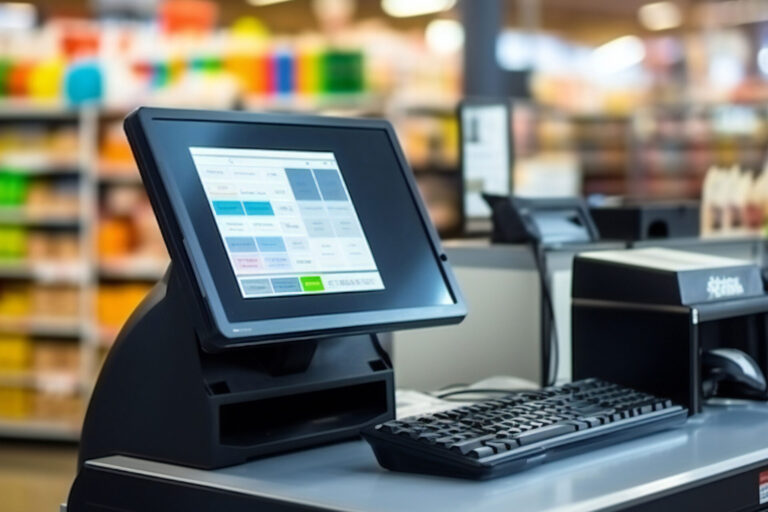 工具リユース店のPOS導入ガイド|在庫管理・単品管理・粗利分析を効率化 4 店舗のレジカウンターに設置されたPOS端末の写真