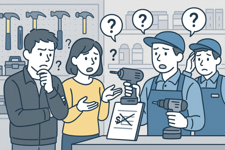 工具リユース店のPOS導入ガイド|在庫管理・単品管理・粗利分析を効率化 3 工具リユース店で在庫や会計処理に困っているスタッフの様子を表したイラスト