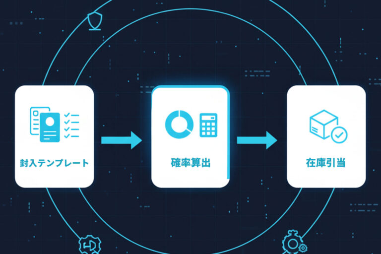 封入テンプレートから確率算出・在庫引当までを示したMOOV POSのオリパ作成フロー図
