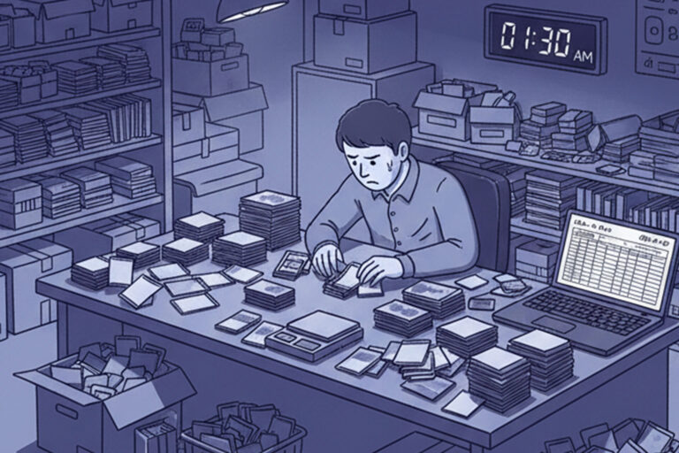 手作業でオリパ封入作業をするスタッフのイメージ