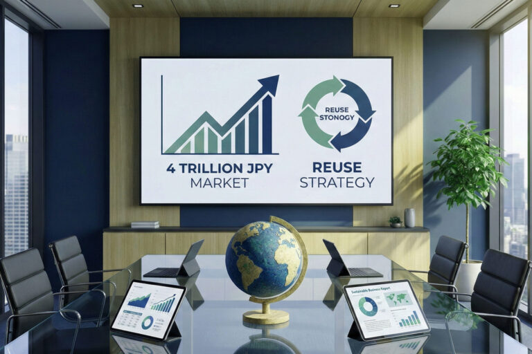 【2026年最新】リユース市場の現状と将来性|4兆円時代の業界動向と経営戦略 1 リユース業界を象徴する、シンプルで洗練された循環型ビジネス(リコマース)のコンセプトイメージ。
