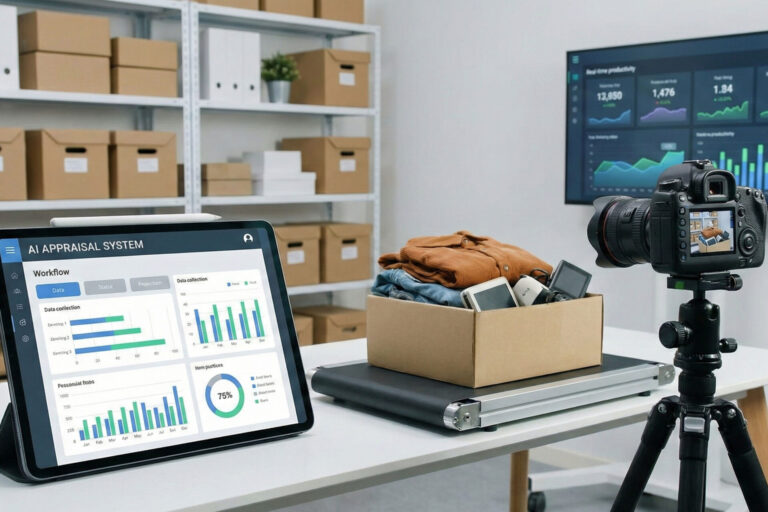 【2026年最新】リユース市場の現状と将来性|4兆円時代の業界動向と経営戦略 5 査定用タブレット、商品撮影用のカメラと三脚、生産性データが表示された大型モニターが並ぶ、リユース事業の効率化された作業現場のイメージ