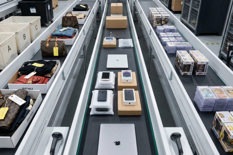 【2026年最新】リユース市場の現状と将来性|4兆円時代の業界動向と経営戦略 4 リユース市場で成長を牽引する主要カテゴリーの仕入れ戦略を示す物流センターの様子。3本のベルトコンベアが並び、左からヴィンテージのブランドバッグや衣類、中央にリファービッシュされたスマートフォンやノートPC、右にグレーディングされたトレーディングカードやフィギュアが、それぞれ専用のケースに入れられて自動で仕分け・搬送されている。