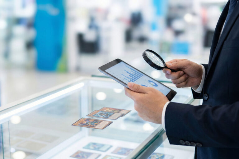 2026年トレカ市場の動向データをタブレットで分析し、ショーケースの在庫を確認するショップ経営者の様子