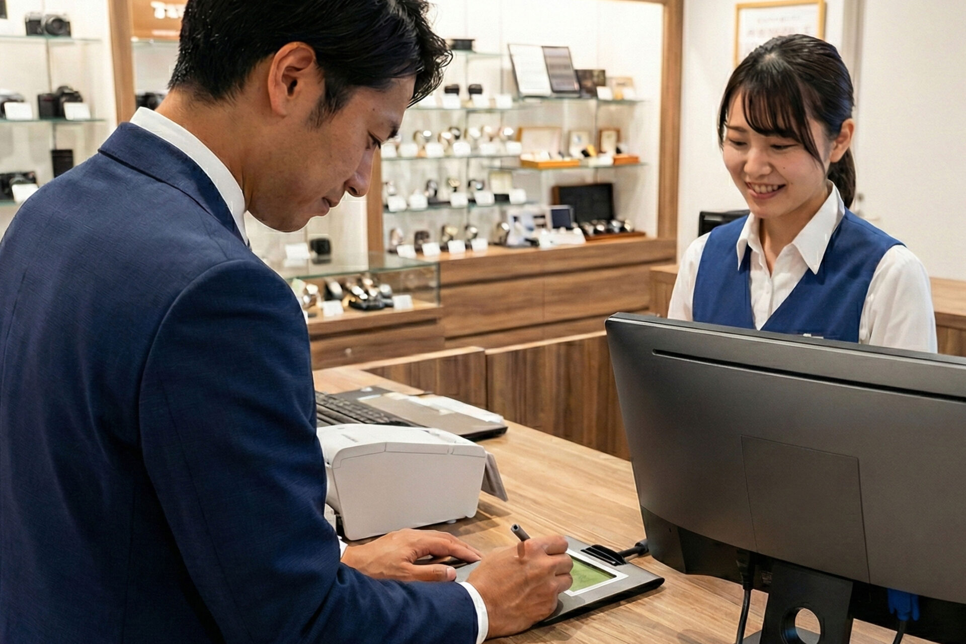 MOOVの電子サインでタブレット署名を行う買取手続きのイメージ