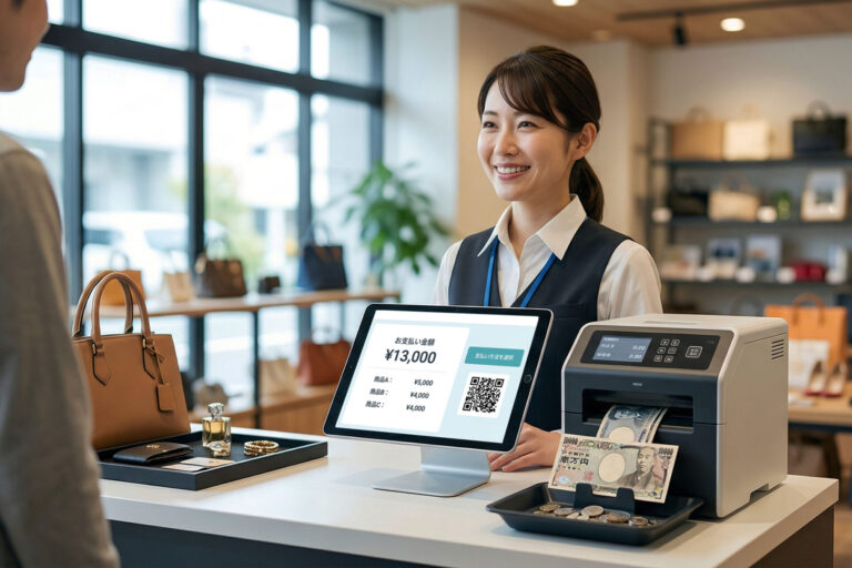 リユースショップの買取カウンターで、自動釣銭機から正確な現金が払い出され、スタッフが笑顔で顧客に対応している様子。