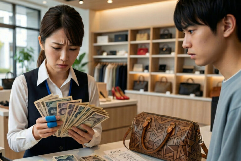 手作業での高額支払処理にストレスを感じているリユース店舗のスタッフの様子