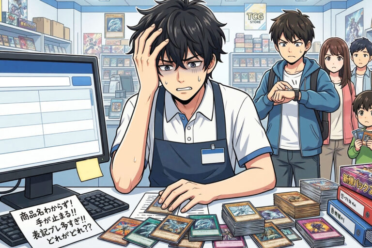 トレカショップで大量の新作トレカの商品管理に頭を抱える店員。トレカマスタ管理の難しさと混乱を表現している。