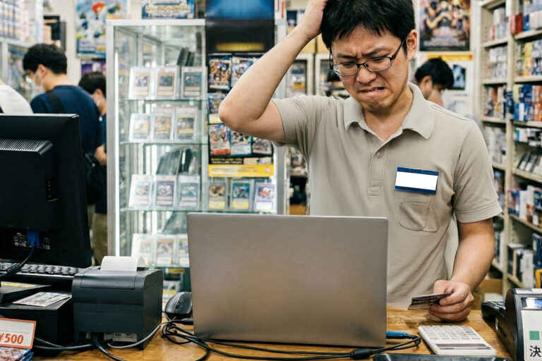 トレカショップのPOS選定|失敗しない3つのポイントと罠 5 トレカショップのレジカウンター。頭を抱えて悩む店員の前に、複数の端末やプリンターが煩雑に並んでおり、分断されたシステムによる混乱を表している。