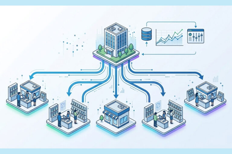 トレカショップのPOS選定|失敗しない3つのポイントと罠 4 トレカショップ向けPOSシステムにおける「本部一元管理」の概念図。中央の本部から複数店舗へデータがリアルタイムに連携・配信される仕組みを表している。