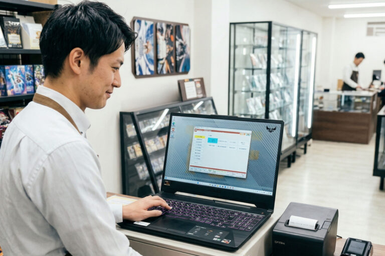 トレカショップのPOS選定|失敗しない3つのポイントと罠 1 トレカショップのレジカウンターで、店員がMOOV POSシステムを操作している様子。背景には棚に並んだトレカや看板が見える。