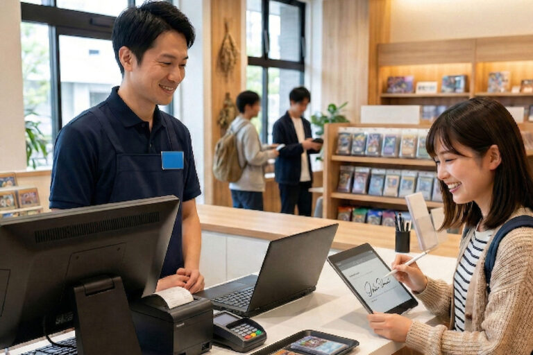 トレカショップのPOS選定|失敗しない3つのポイントと罠 3 現代的なトレカショップのレジカウンター。笑顔の店員の前で客がPOS連携タブレットに電子サインをする。背景には整理されたトレーディングカードの棚が見える。