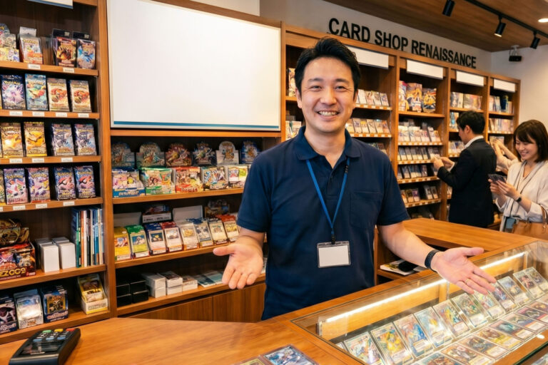 トレカショップのPOS選び、3年後も後悔しませんか? プロ仕様システムが選ばれ続ける本当の理由 1 3年後も後悔しないPOS選びと店舗成長を象徴する、笑顔で歓迎するカードショップの店主と清潔な店舗環境。背後の棚には膨大なカードパックが陳列され、カウンターにはレアカードとレジ端末が見える。