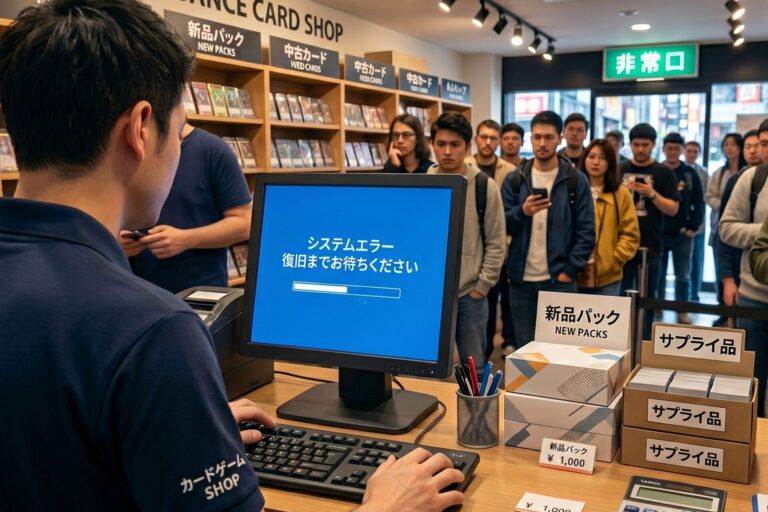 トレカショップのPOS選び、3年後も後悔しませんか? プロ仕様システムが選ばれ続ける本当の理由 3 トレカショップのレジで「システムエラー」が表示され、お客様の行列ができている様子。店舗の成長に伴う格安POSシステムの限界や、動作遅延による機会損失を象徴している。