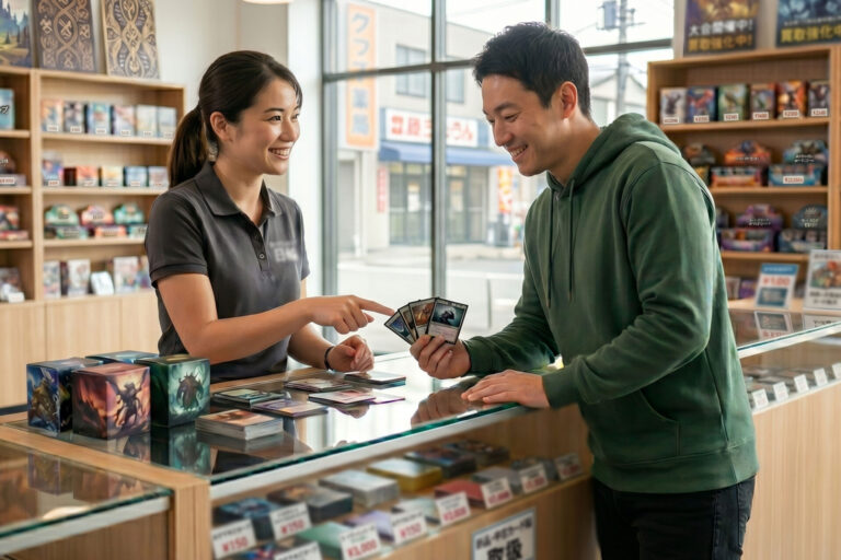 明るくクリーンな店舗で、笑顔の女性スタッフが客のトレカを指さして接客する風景。電子棚札導入後の余裕ある運営イメージ