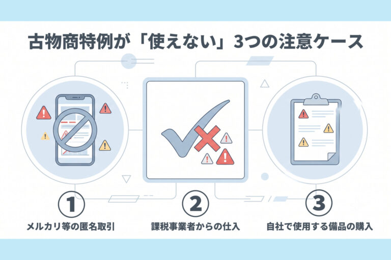 フリマアプリの匿名取引や自社用備品の購入など古物商特例が適用できない注意ケースの図解アイコン
