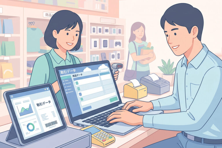 クラウドPOSシステムやパソコンを活用して買い取り時の帳簿入力業務を行う店舗スタッフ