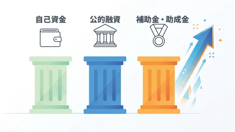 副業から独立へ!リサイクルショップ開業資金の完全ガイド【計画~節約術】 6 リサイクルショップ開業資金を調達する自己資金・日本政策金融公庫・補助金の組み合わせ図