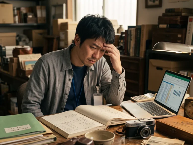 【最新版】リユース在庫管理システム導入ガイド|Excel・紙台帳から卒業 3 Excelや紙台帳によるリユース在庫管理・古物台帳記録に悩む店舗バックヤードの様子