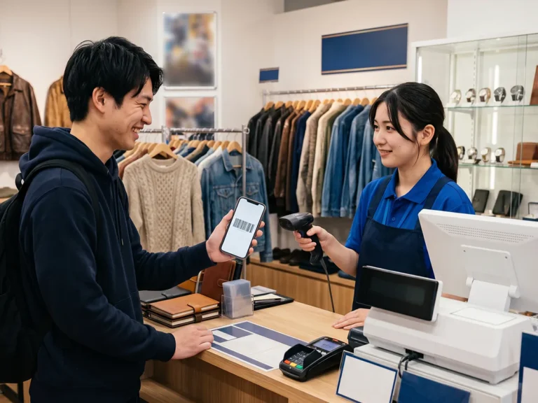 カード発行・在庫コストをゼロにするWeb会員証 6 リユース店舗のレジにてスマートフォンのWeb会員証を読み取る様子