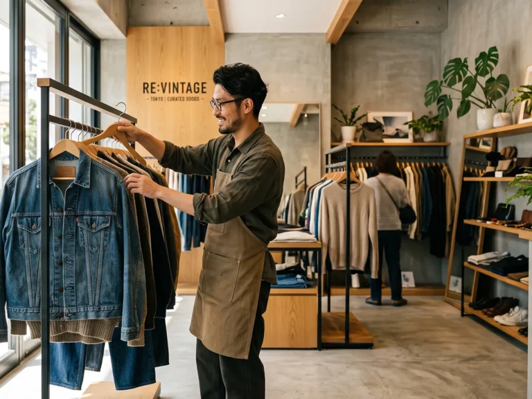 明るい路面店のリユースショップでヴィンテージ古着を陳列する店主.